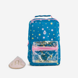 A blue insulated lunch bag with a star pattern, featuring pink straps, a front pocket with a clear window, and accompanied by a reusable ice pack.
